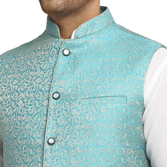 Sleeveless Traditional Brocade Silk Turquoise Blue Nehru Jacket by Treemoda - Picture 4 of 5